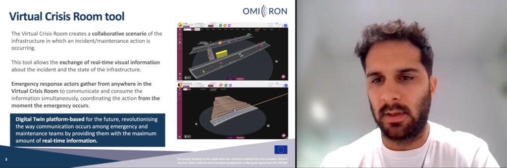 Screenshot of an online meeting presenting, including a view of the powerpoint slide and a view of a man giving the presentation.